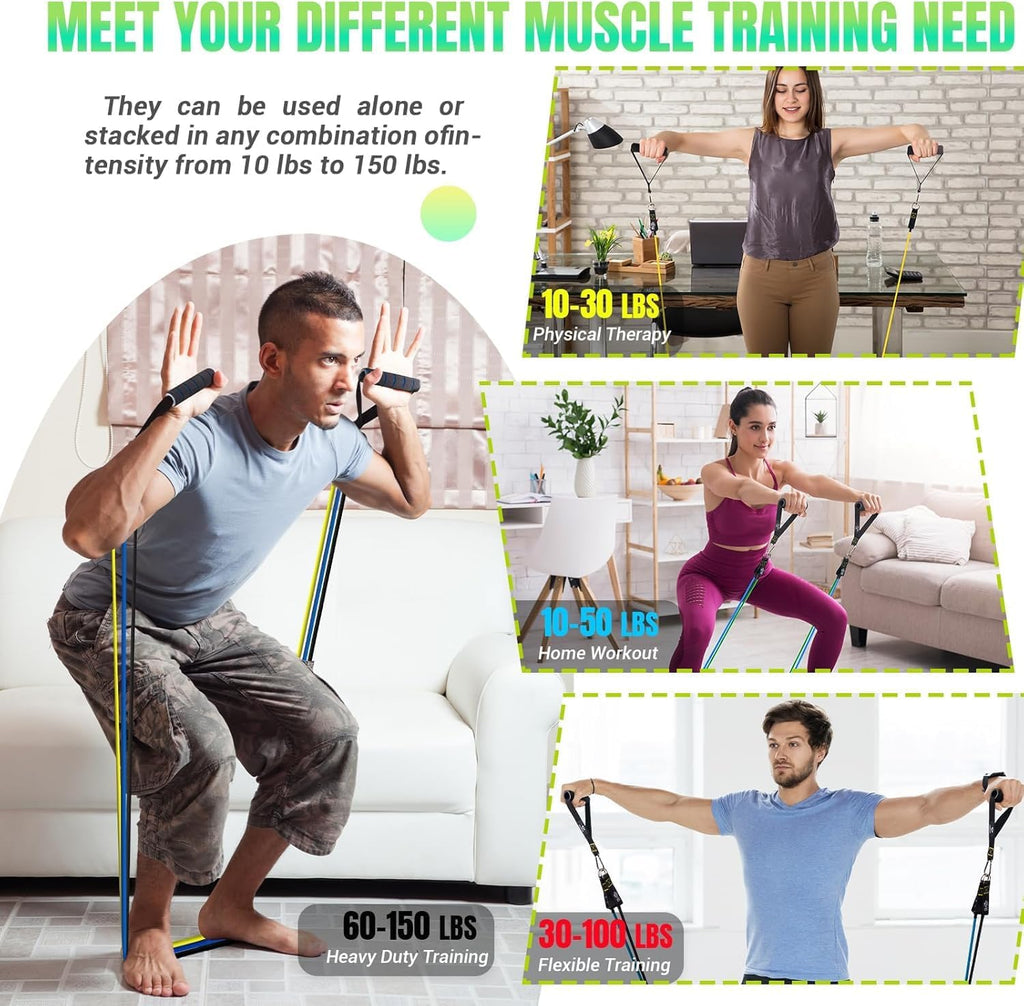 Resistance Bands with Handles for Women, 5 Level Exercise Bands | Workout Bands for Physical Therapy, Yoga, Pilates, Door Anchor, Storage Pouch, Training Poster