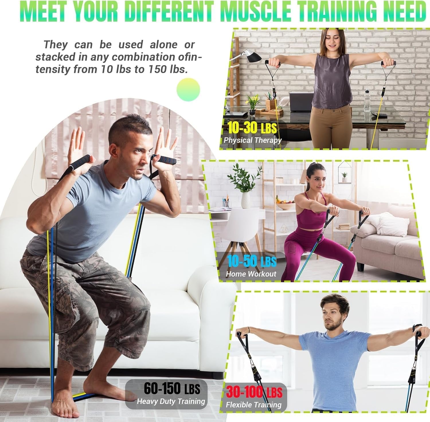 Resistance Bands with Handles for Women, 5 Level Exercise Bands | Workout Bands for Physical Therapy, Yoga, Pilates, Door Anchor, Storage Pouch, Training Poster