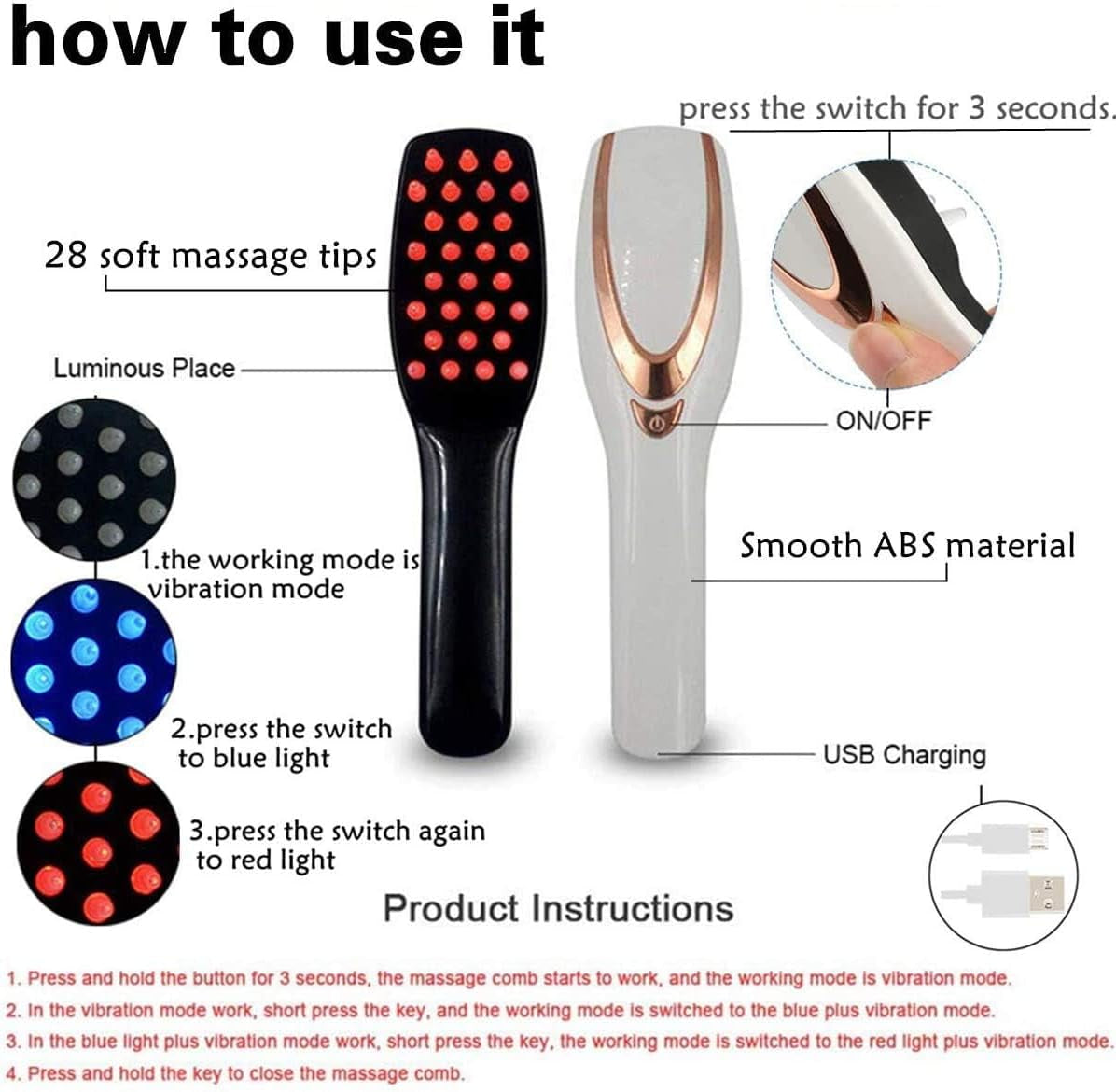 Phototherapy Scalp Massager Comb for Hair Growth, Phototherapy Hair Regrowth Brush,Anti Hair Loss Head Care Electric Massage Comb Brush with USB Rechargeable