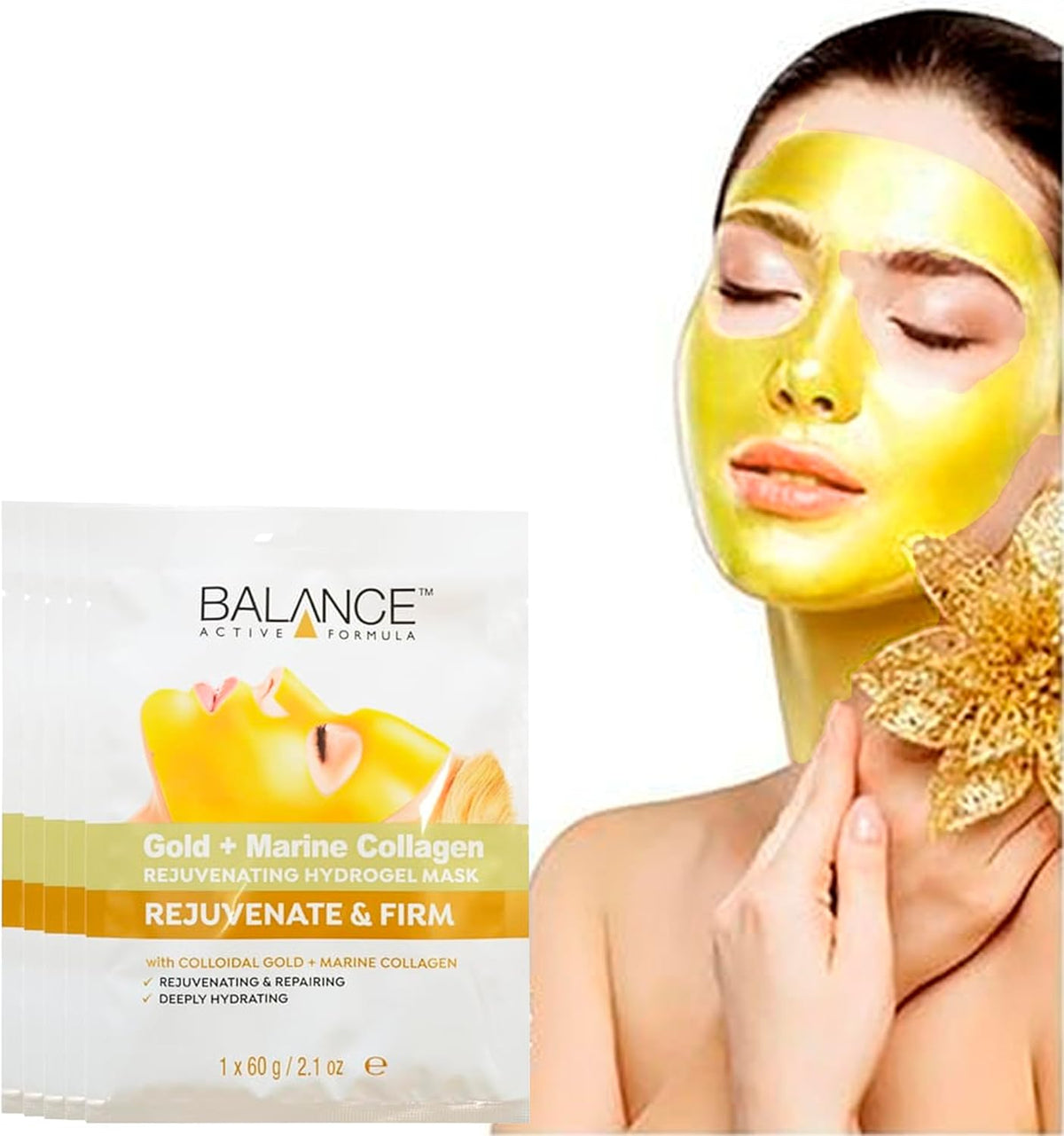 Gold + Marine Collagen Rejuvenating Hydrogel Mask 60G X5 - Deeply Hydrates, Soothes, and Cools for Radiant, Healthy Skin - Enriched with Colloidal Gold and Marine Collagen