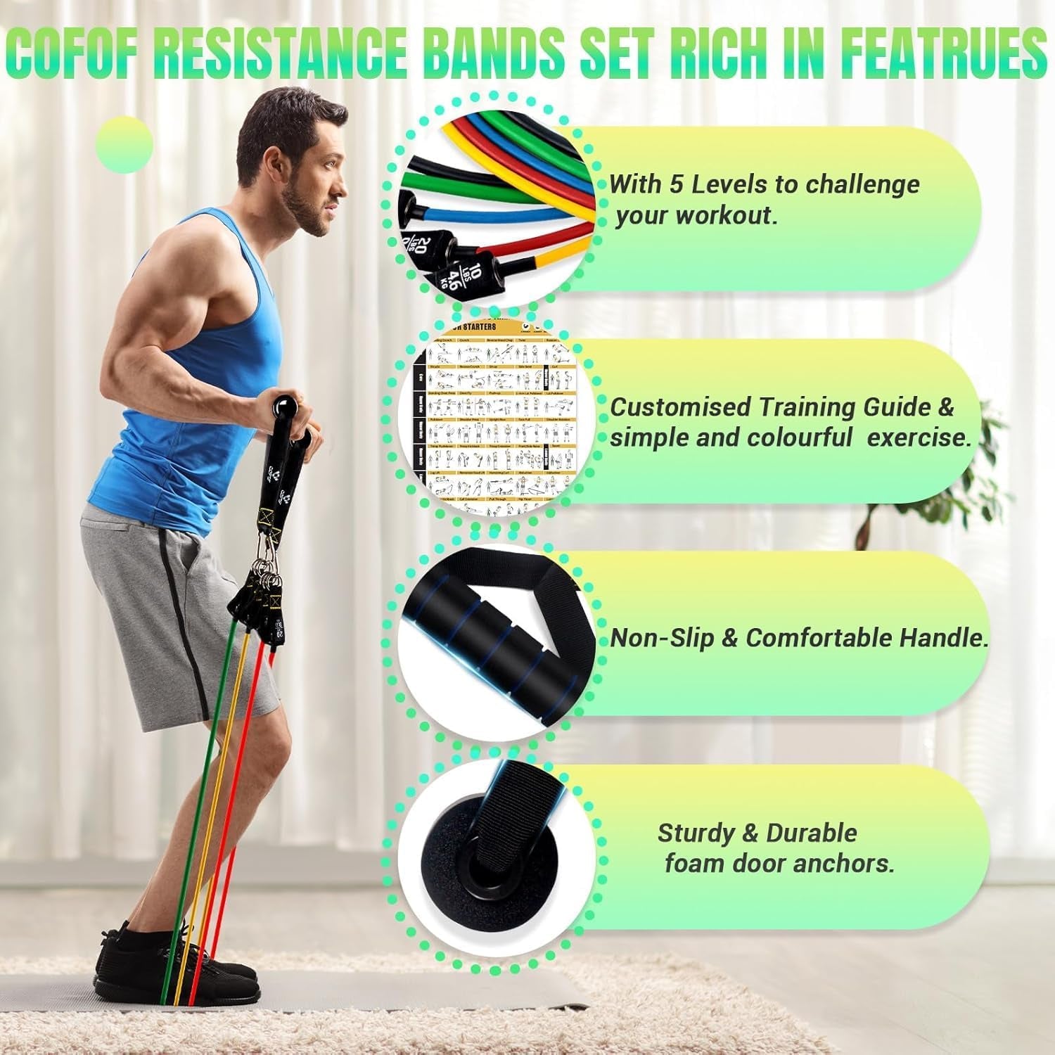 Resistance Bands with Handles for Women, 5 Level Exercise Bands | Workout Bands for Physical Therapy, Yoga, Pilates, Door Anchor, Storage Pouch, Training Poster