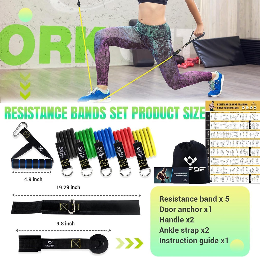 Resistance Bands with Handles for Women, 5 Level Exercise Bands | Workout Bands for Physical Therapy, Yoga, Pilates, Door Anchor, Storage Pouch, Training Poster
