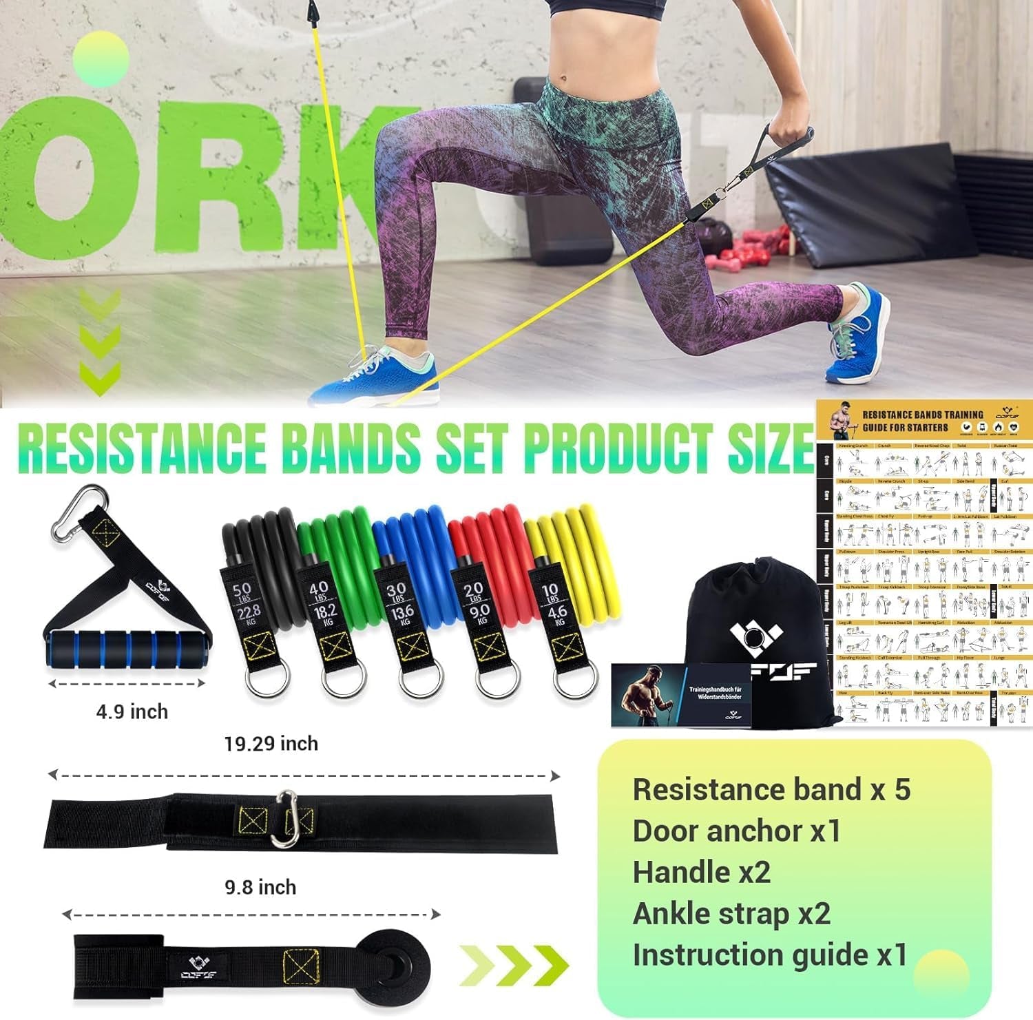 Resistance Bands with Handles for Women, 5 Level Exercise Bands | Workout Bands for Physical Therapy, Yoga, Pilates, Door Anchor, Storage Pouch, Training Poster