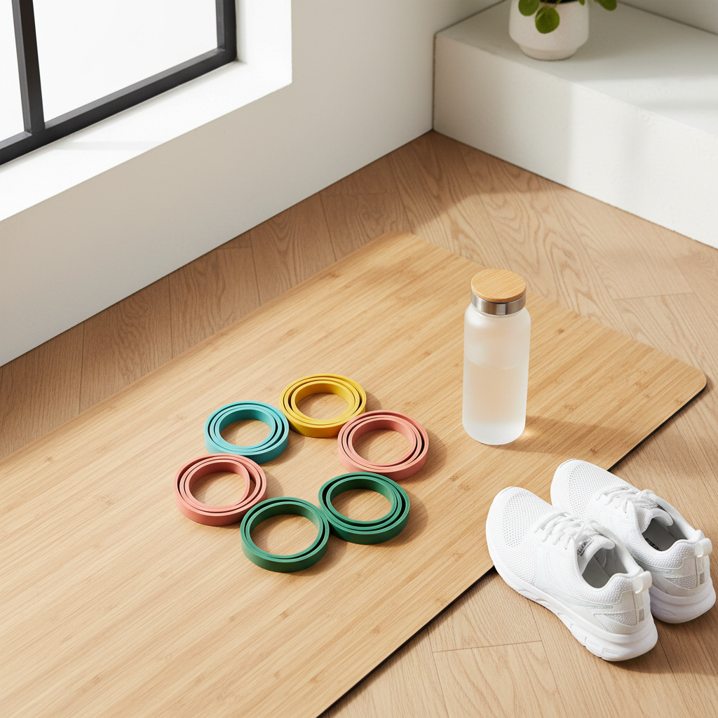 LEGLOW resistance bands lifestyle flat lay on yoga mat with water bottle and trainers